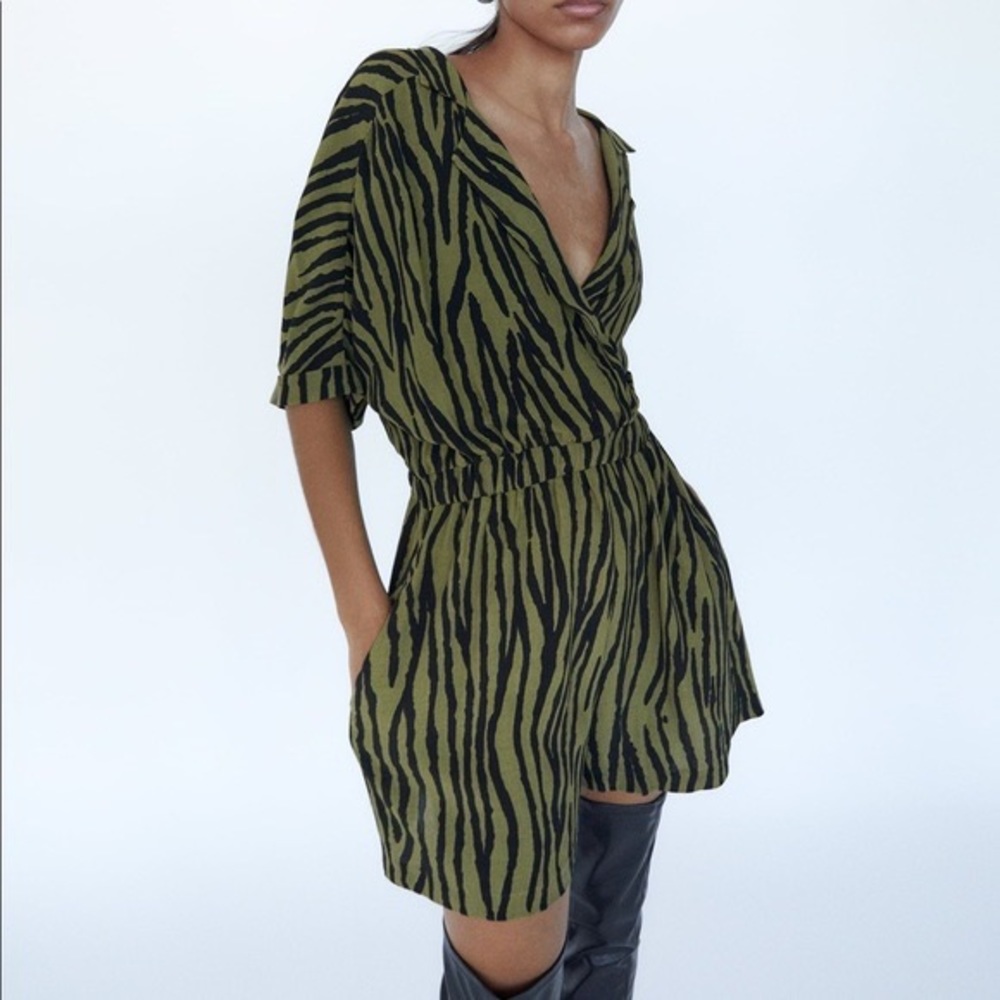 Zara green Tiger print romper jumpsuit